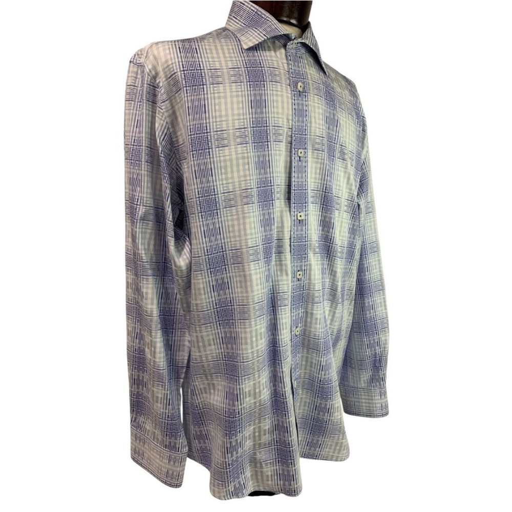 Size XL Bugatchi Mens Blue White Plaid Button Up Dress Shirt Cotton Shaped Fit